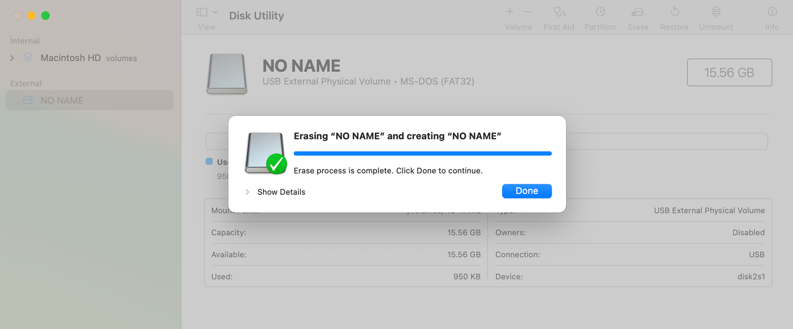 disk utility erase success