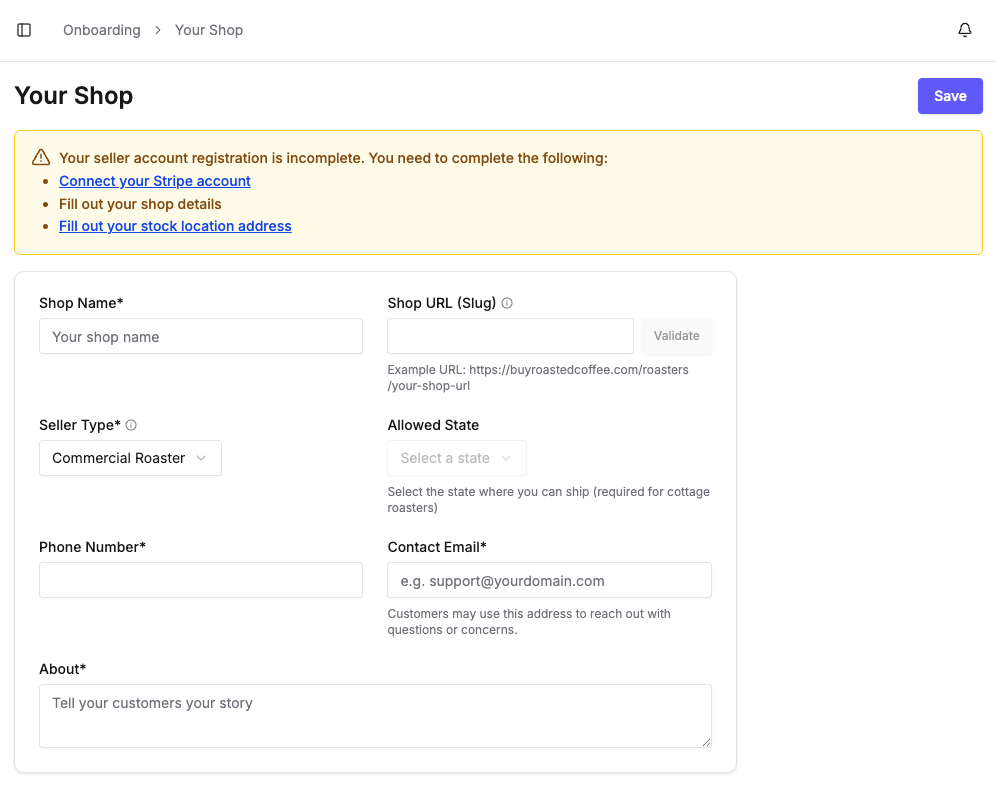 The Your Shop page, with the Onboarding menu on the left