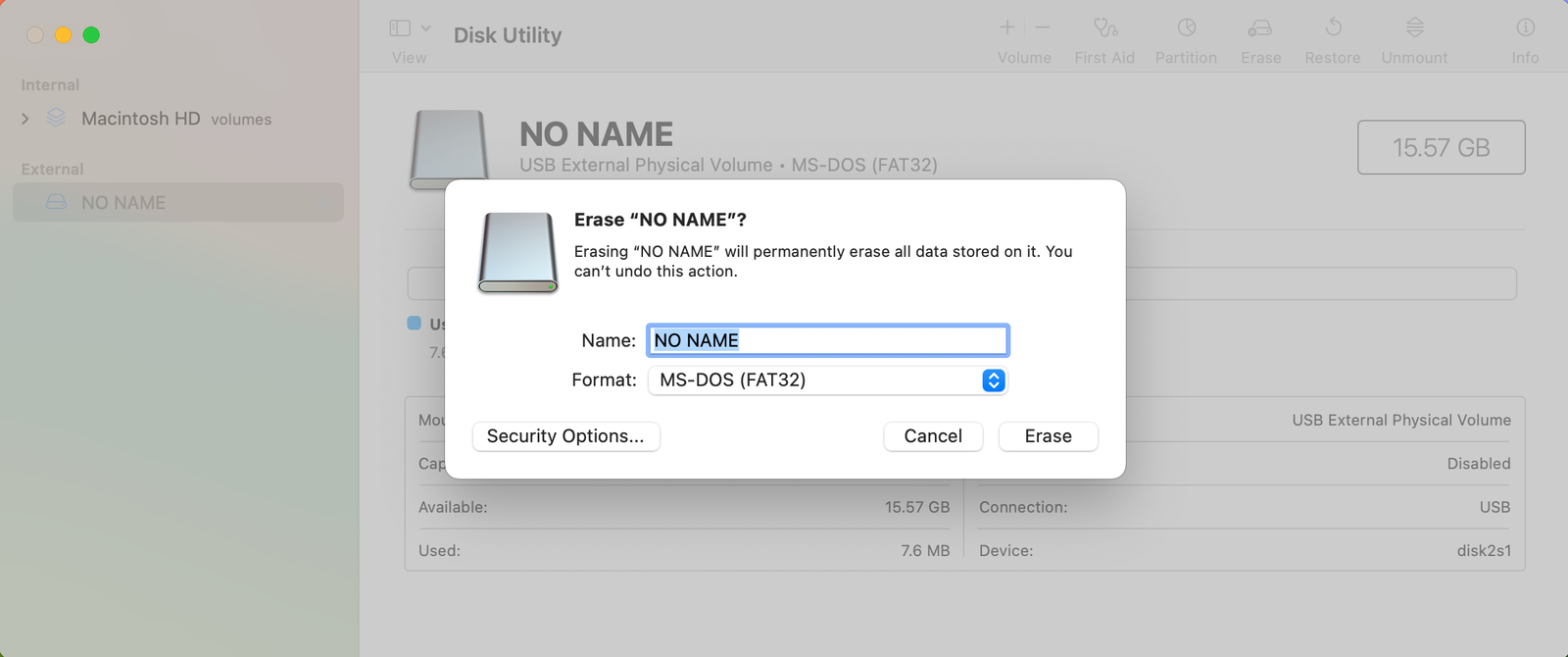 disk utility erase confirm